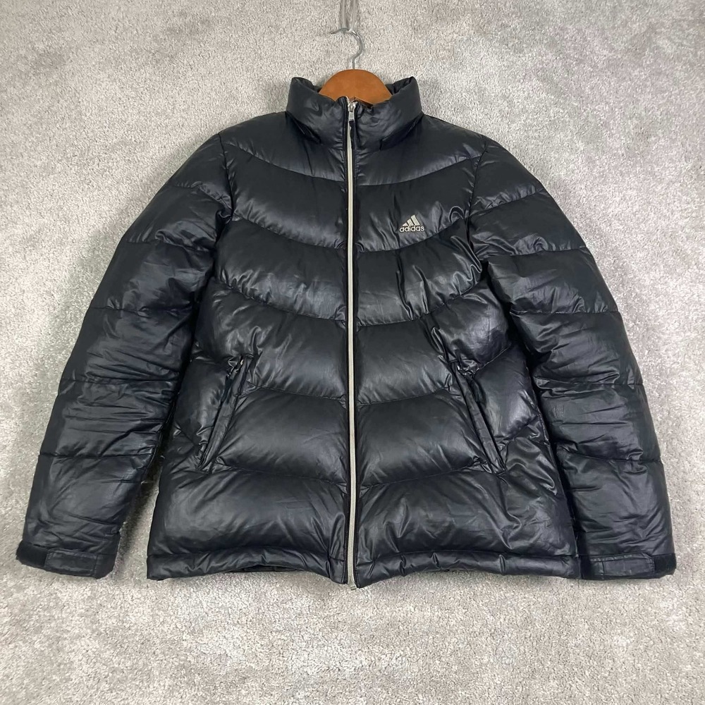 Adidas Puffer Jacket Mens Medium Black Zip Quilted Padded Coat Y2K Japan